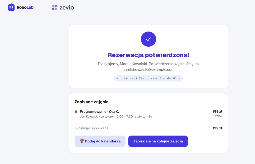 Potwierdzenie zapisu: numer płatności Zevio, lista zapisanych zajęć i „Dodaj do kalendarza”